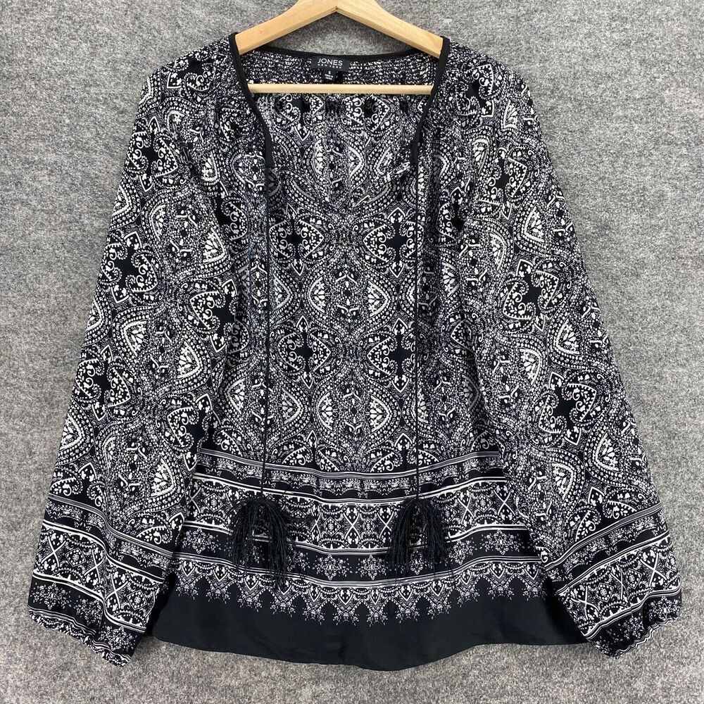 5/$45 Jones New York Blouse Women S Small Black Geometric Tasseled Long Sleeve